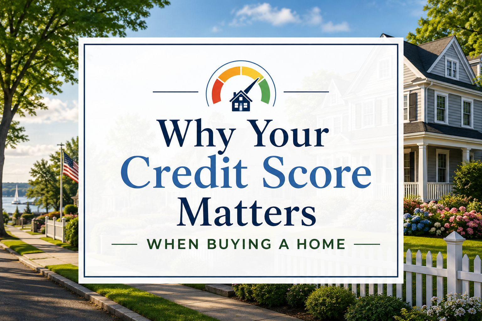 Why your credit score matters when buying a home in New York – featured image showing a Long Island suburban home, credit score meter, and mortgage financing concept for homebuyers.