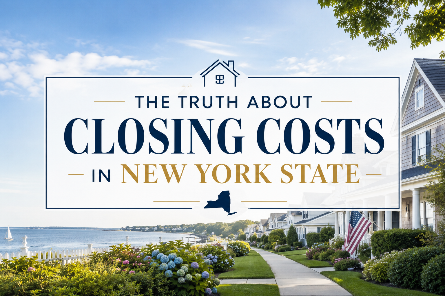 Long Island New York real estate blog cover explaining closing costs in New York State, featuring a scenic suburban waterfront neighborhood and homes with the title ‘The Truth About Closing Costs in New York State.