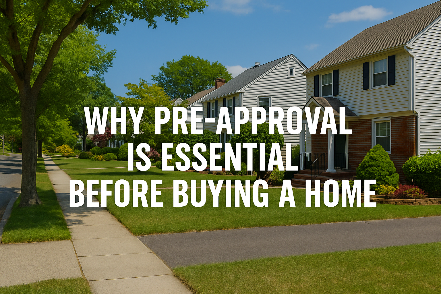 A landscaped suburban street in Suburbs featuring well-kept single-family homes under a blue sky, with centered white text reading ‘Why Pre-Approval Is Essential Before Buying a Home’ The image is with balanced spacing and a calm, welcoming neighborhood atmosphere.