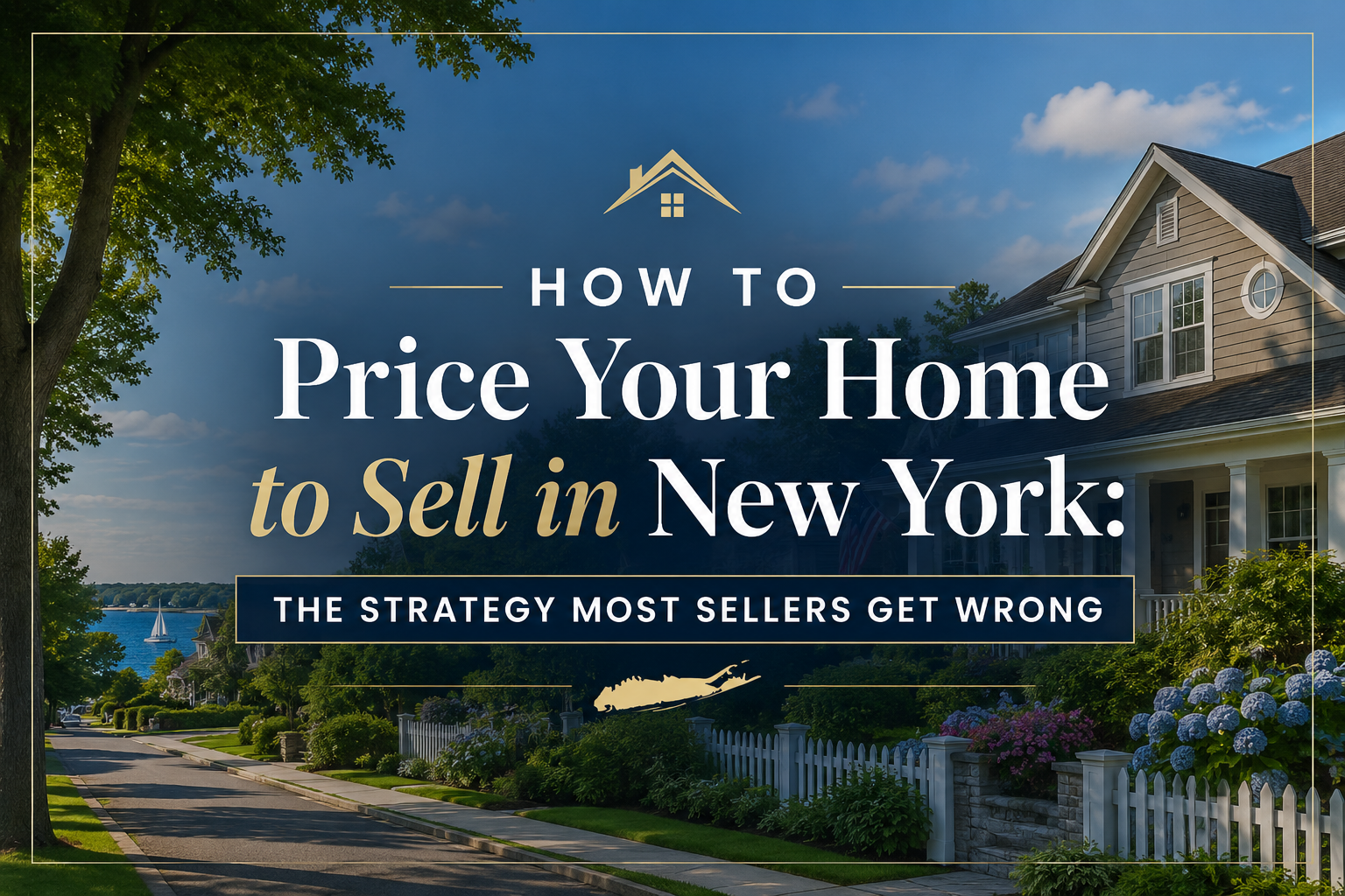 Real estate blog cover showing an upscale Long Island, NY suburban neighborhood and home exterior, illustrating how to price your home to sell in New York with effective home selling and pricing strategies.