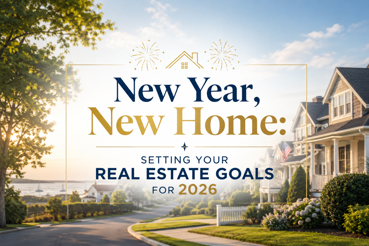 Long Island, New York suburban homes at sunrise with New Year real estate goals theme for 2026. Blog cover image about buying a home, selling a house, and planning real estate goals in the New York housing market.