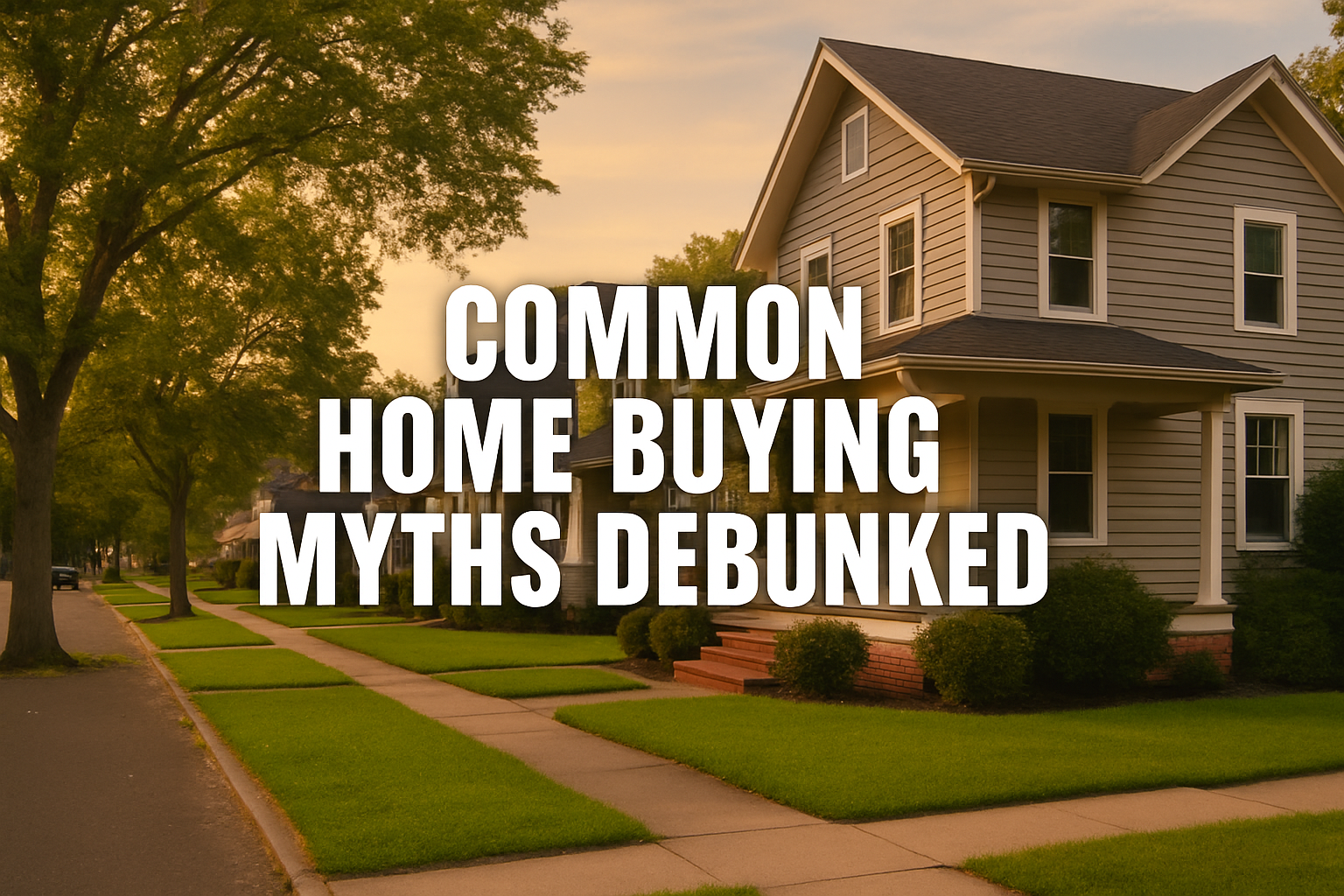 A wide, sunset-lit suburban street in Long Island, New York featuring neatly manicured lawns, mature trees, and a classic two-story home. Centered overlay text reads ‘Common Home Buying Myths Debunked’ with ample padding for safe cropping in landscape mode.