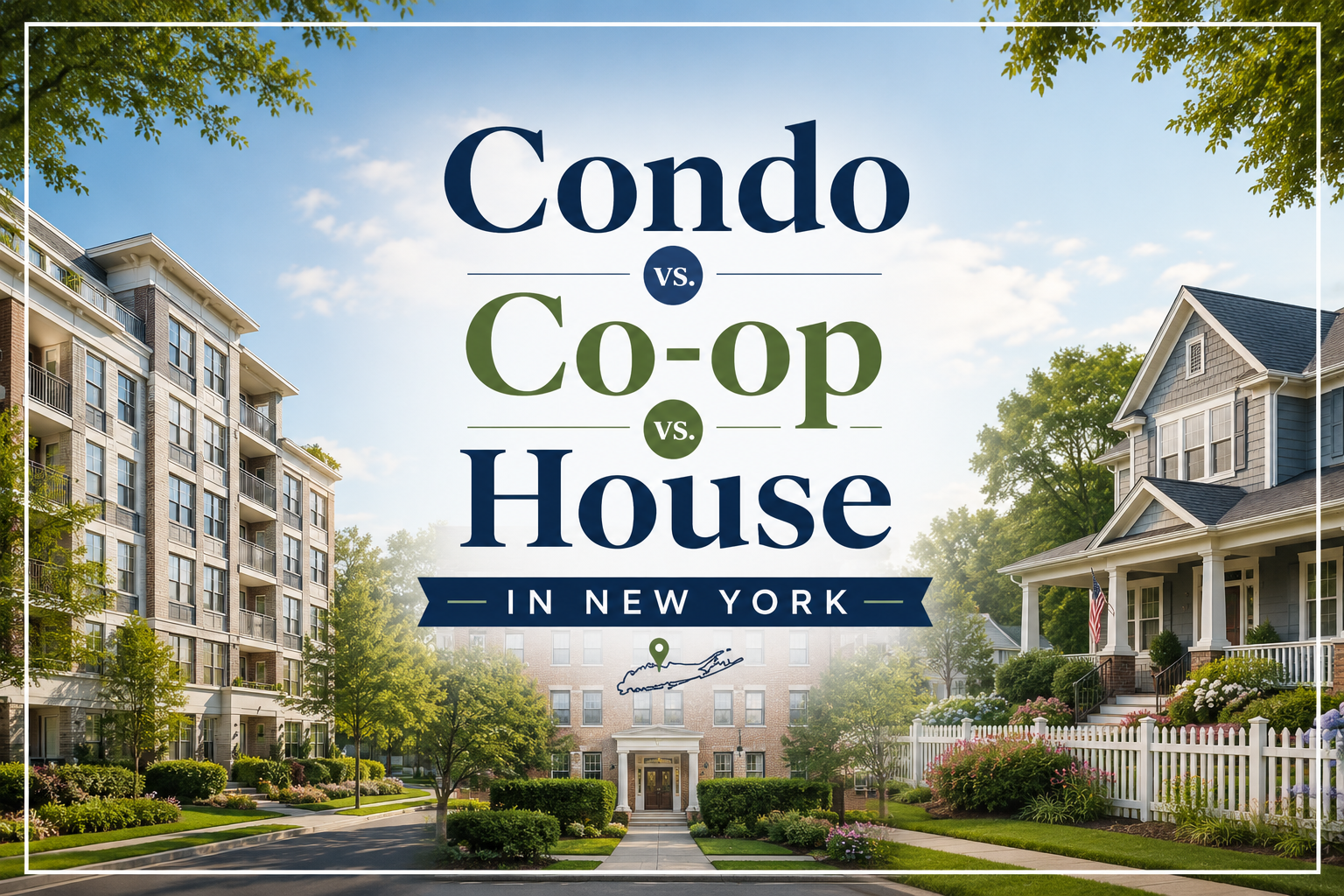 Condo vs. Co-op vs. House in New York – visual comparison of New York property types featuring a modern condominium building, cooperative housing, and a suburban Long Island single-family home for homebuyer education.