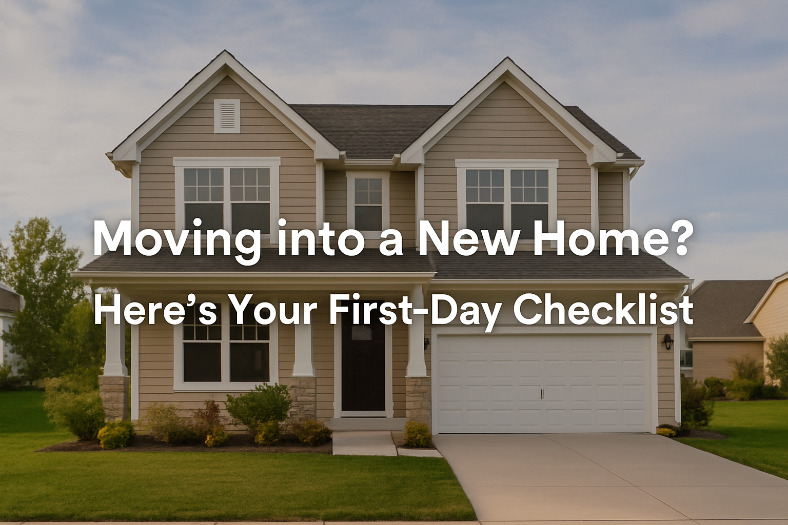 Front view of a modern suburban two-story home with beige siding, white trim, and a well-kept lawn, overlaid with the text ‘Moving into a New Home? Here’s Your First-Day Checklist.’
