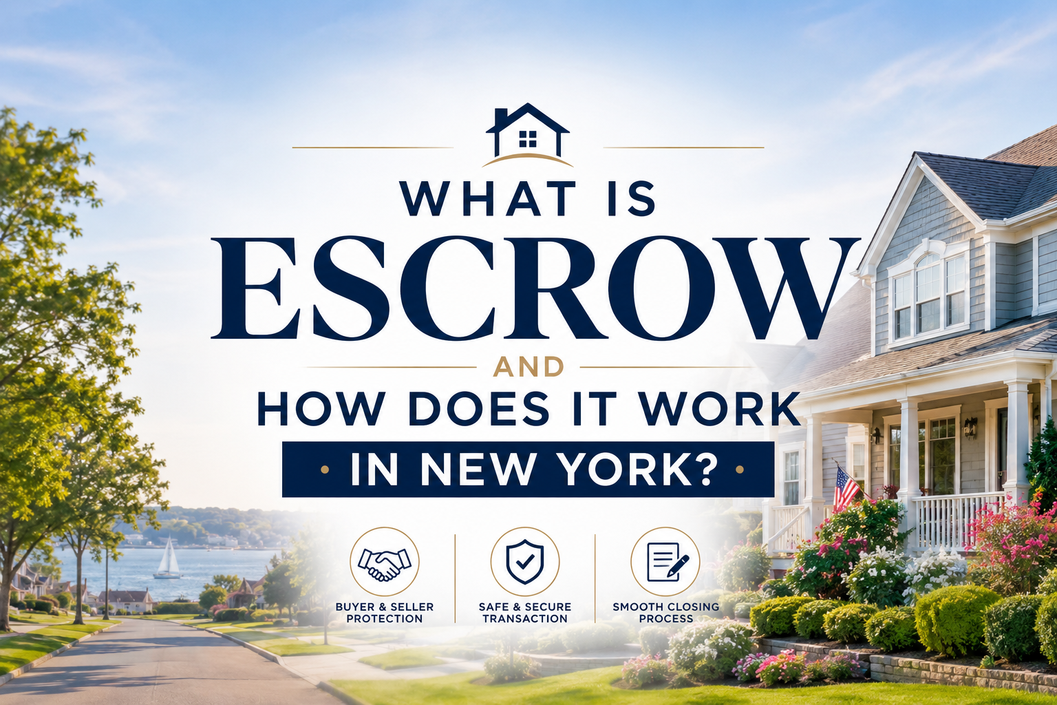 What Is Escrow and How Does It Work in New York? Real estate educational cover image showing a Long Island suburban neighborhood and luxury home, explaining the escrow process for New York home buyers and sellers.