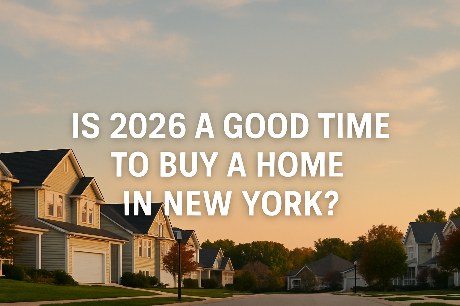 Landscape image of a quiet New York suburban neighborhood at sunset with centered text asking, “Is 2026 a good time to buy a home in New York?”