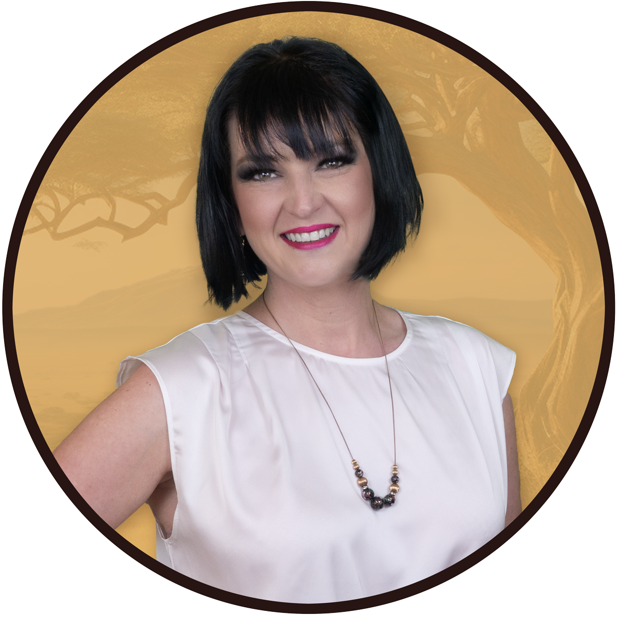 white woman with black hair and pink lipstick in a white blouse