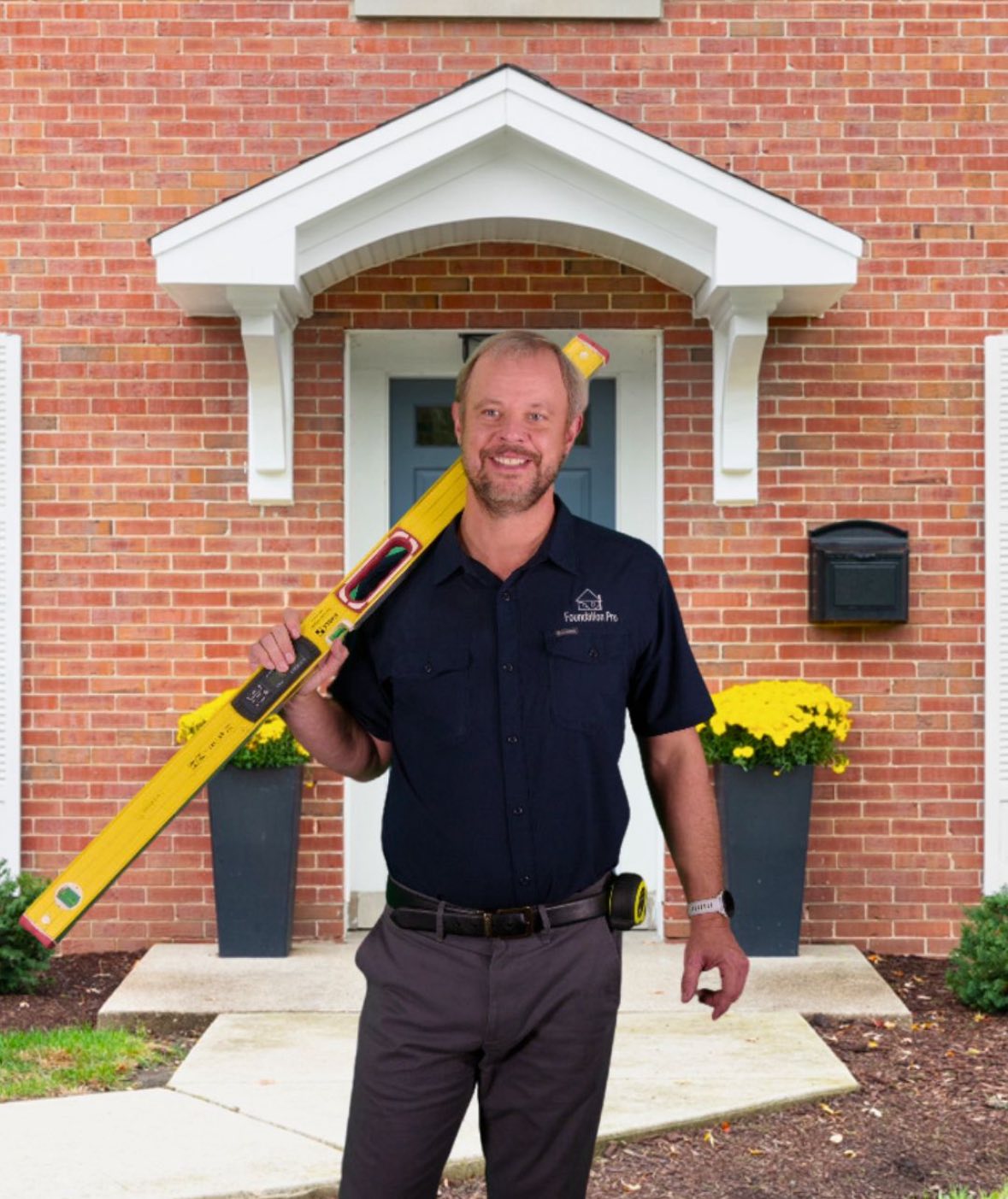 white man with a black shirt and a ladder in front of a brick house 