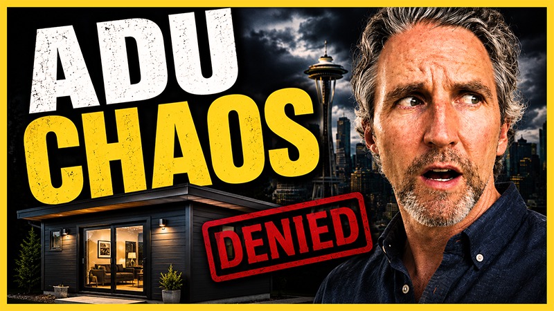 Anton Stetner beside a Seattle skyline and backyard ADU with large “ADU Chaos” text and a red “Denied” stamp, highlighting permitting and zoning challenges for accessory dwelling units in Washington State.