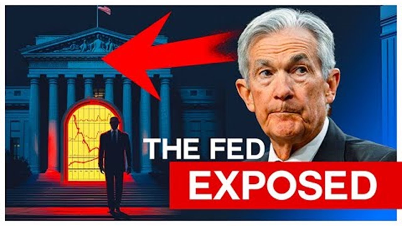 Jerome Powell in front of the Federal Reserve building with a red arrow and graph, symbolizing rising inflation and economic instability, with bold text reading “The Fed Exposed”