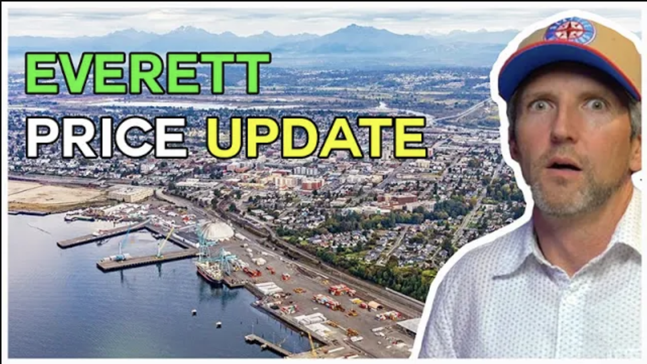 A surprised man in a white shirt and baseball cap stands in front of an aerial view of the Everett waterfront and cityscape, with bold text reading “Everett Price Update.”