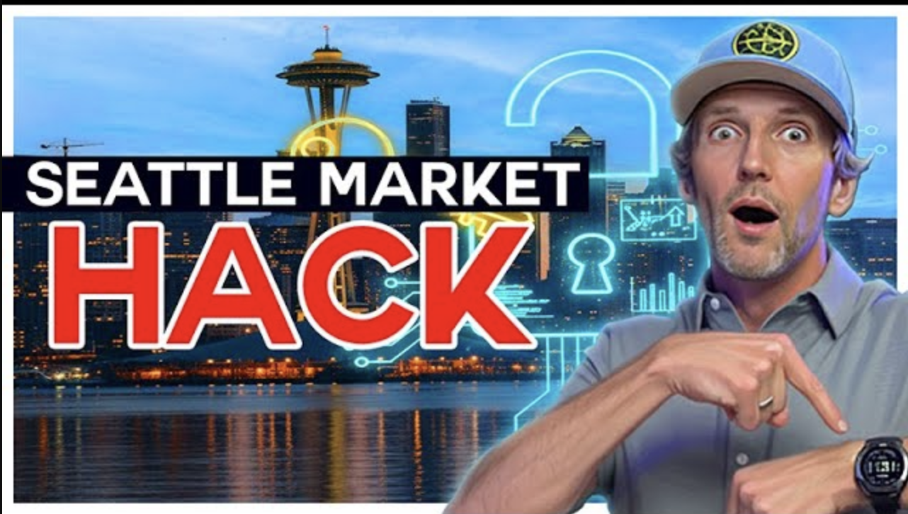 Seattle real estate agent Anton Stetner pointing at his watch in front of the Seattle skyline and Space Needle with neon lock and key graphics, next to bold text that says ‘Seattle Market Hack.’