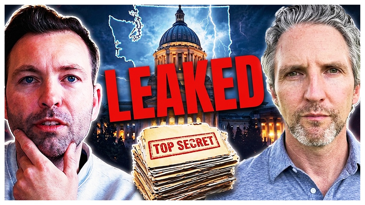 Two men in front of the Washington State Capitol with lightning in the background, bold red text reading “LEAKED,” and a stack of “Top Secret” documents in the foreground.