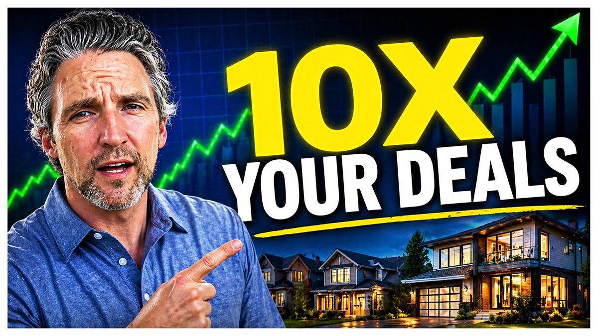 A real estate professional points toward bold text reading “10X Your Deals” with an upward-trending graph and modern homes in the background, symbolizing growth and increased deal volume in real estate.
