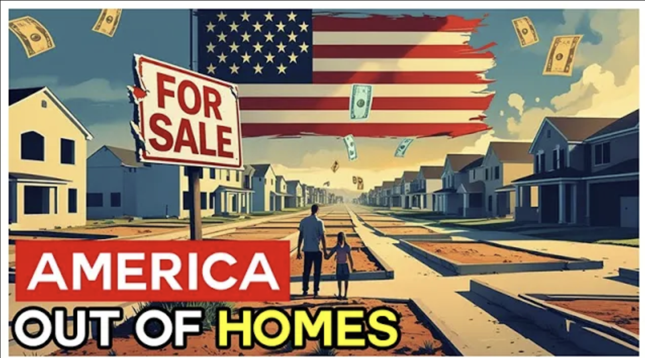 Illustration of a suburban street lined with houses, a large “For Sale” sign, an American flag, and a father holding his child’s hand, symbolizing America’s severe housing shortage.