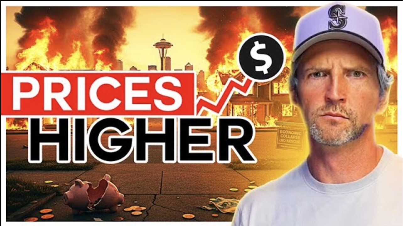Image of a serious man wearing a baseball cap standing before a city scene with houses on fire, symbolizing inflation and rising prices, with bold text reading “Prices Higher” and the Seattle skyline in the background.
