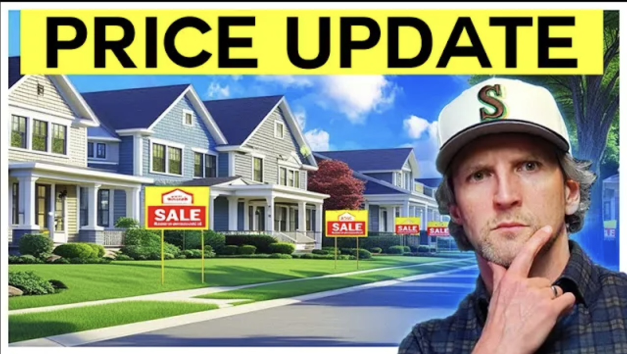 Row of suburban homes with “For Sale” signs out front, bold yellow banner reading “Price Update” above, and a thoughtful man in a baseball cap in the foreground.