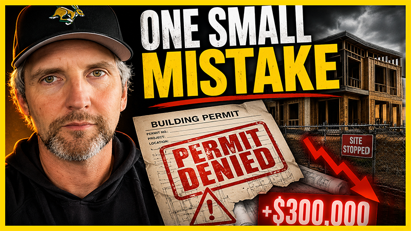 Anton Stetner beside a construction site and a large “Permit Denied” notice with text reading “One Small Mistake,” highlighting how permit and zoning issues can delay projects and cost hundreds of thousands of dollars.