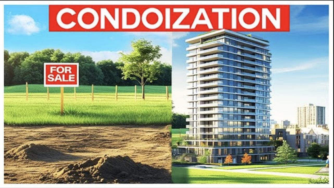For sale land next to modern condo building, illustrating condoization process.