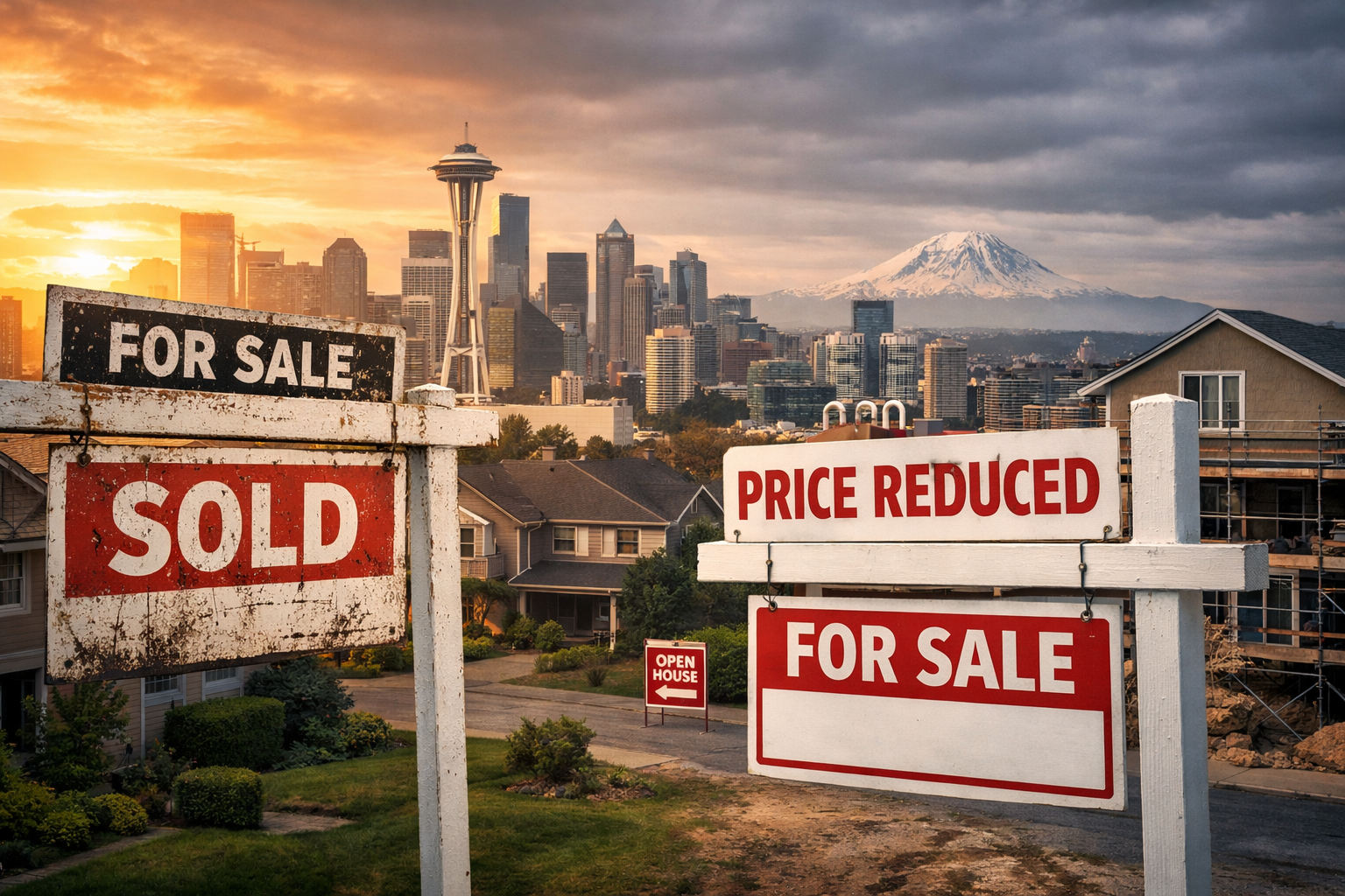 A real estate scene showing two contrasting signs in a suburban neighborhood with the Seattle skyline and Mount Rainier in the background. On one side, a weathered “SOLD” sign represents a hot past market, while on the other, a clean “PRICE REDUCED” sign reflects shifting conditions and increased inventory.