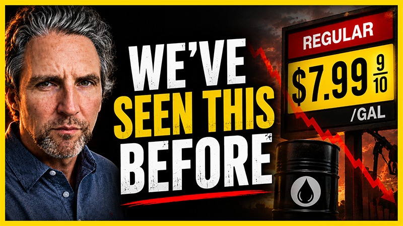 Anton Stetner stands beside a gas price sign showing nearly $8 per gallon with the words “We’ve Seen This Before,” highlighting concerns about rising oil prices, inflation, and recession risks.