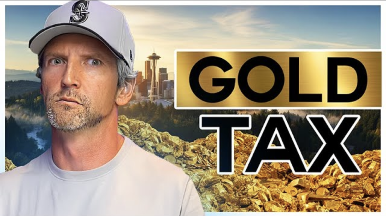 Thumbnail showing a man in a Seattle Mariners cap on the left, Seattle skyline in the background, and large bold text reading “GOLD TAX” over a pile of gold coins on the right.