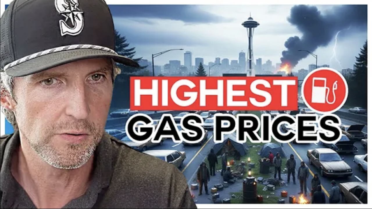 Image of a serious man wearing a baseball cap standing in front of burning houses with the Seattle skyline in the background and bold text reading “Prices Higher,” symbolizing inflation, high gas prices, and economic pressure in Washington State.