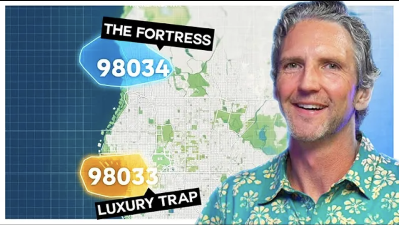 Thumbnail showing a map of Kirkland, Washington with two highlighted areas labeled ‘98034 – THE FORTRESS’ in blue and ‘98033 – LUXURY TRAP’ in orange, alongside a smiling gray-haired man in a teal floral shirt on the right.