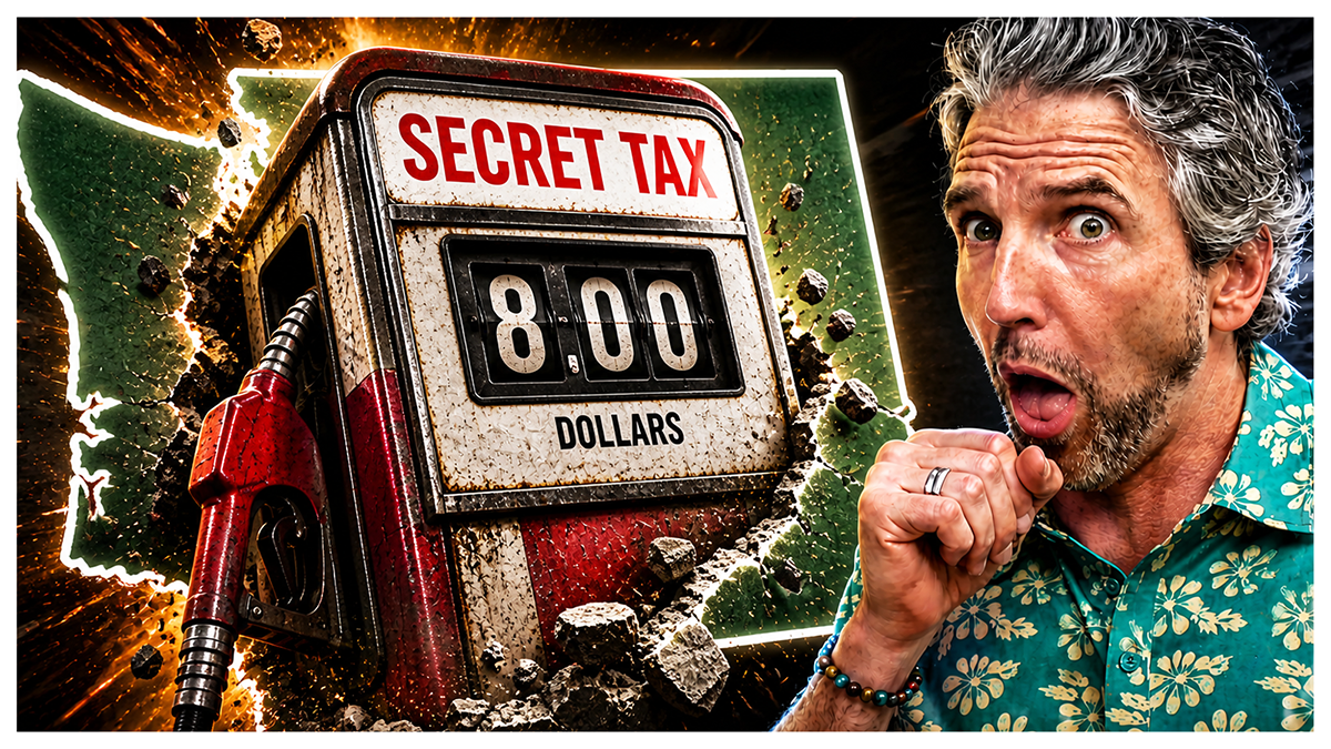 A shocked man reacts beside a dramatic graphic of a gas pump labeled “SECRET TAX” displaying $8.00 per gallon, with an outline of Washington State and explosive visual effects suggesting rising fuel costs and economic impact.