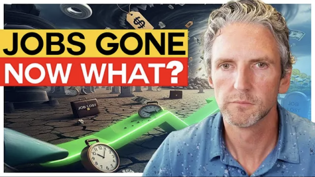 Image of a serious man in front of a cracked desert landscape with clocks, briefcases, and money swirling around, featuring the bold headline “Jobs Gone, Now What?” symbolizing job losses, inflation, and economic uncertainty in the U.S.