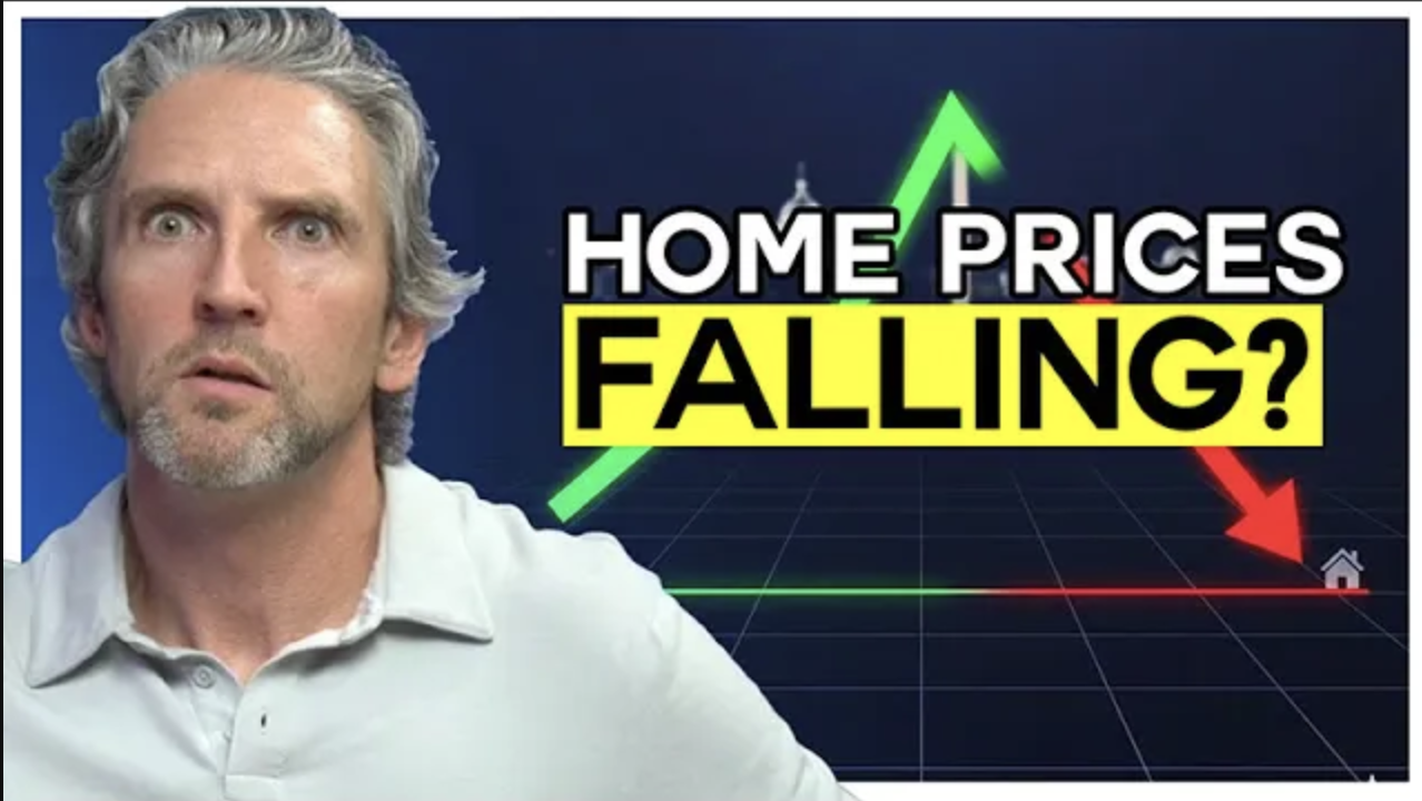 Close-up of a surprised man in a white polo on the left, next to bold text reading “HOME PRICES FALLING?” over a dark chart-style background with a green upward arrow and a red downward arrow.