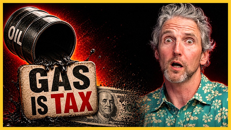 A shocked man in a floral shirt stands beside a leaking oil barrel and bold text reading “Gas Is Tax,” with dollar imagery and fiery red graphics symbolizing rising fuel costs, inflation, and economic pressure.