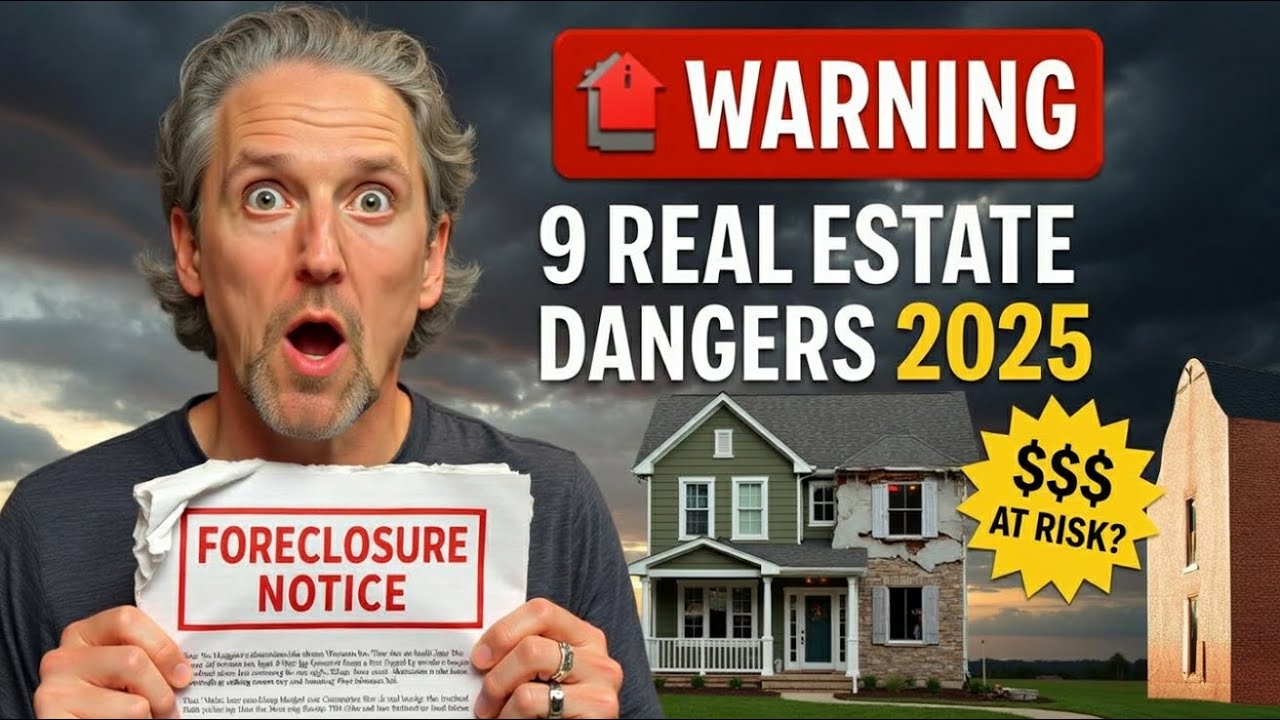 A surprised man holding a foreclosure notice stands in front of a stormy sky and a split-image of a house—one side renovated, the other in disrepair. Bold text reads: “WARNING: 9 Real Estate Dangers 2025” with a red warning icon and a yellow dollar sign symbol stating “$$$ AT RISK?”