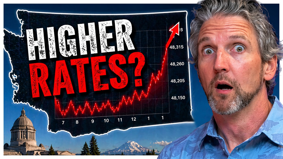 Man with shocked expression next to a rising chart labeled “Higher Rates?” over a Washington state outline, illustrating concerns about increasing mortgage rates.