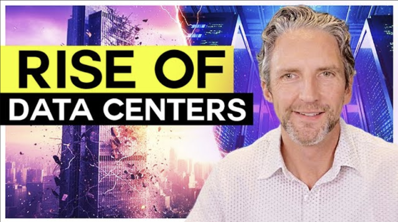 Image of a man smiling in front of futuristic skyscrapers and glowing server racks, with bold text reading “Rise of Data Centers,” symbolizing the rapid growth of data infrastructure driving the AI economy.