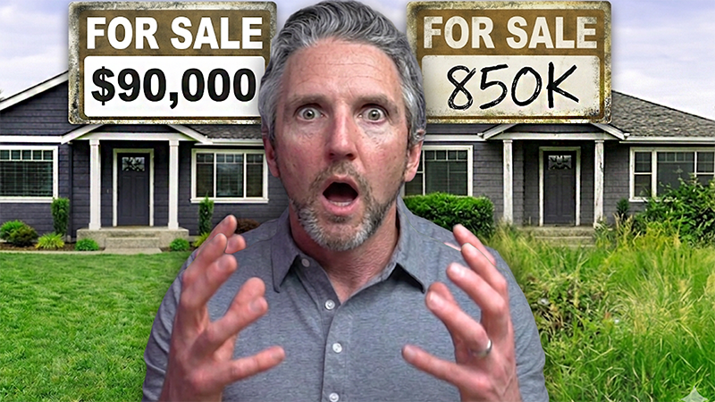 Man with shocked expression holding his head, standing between two houses—one with a “For Sale $90,000” sign and the other with a “For Sale 850K” sign—illustrating drastic home price differences.