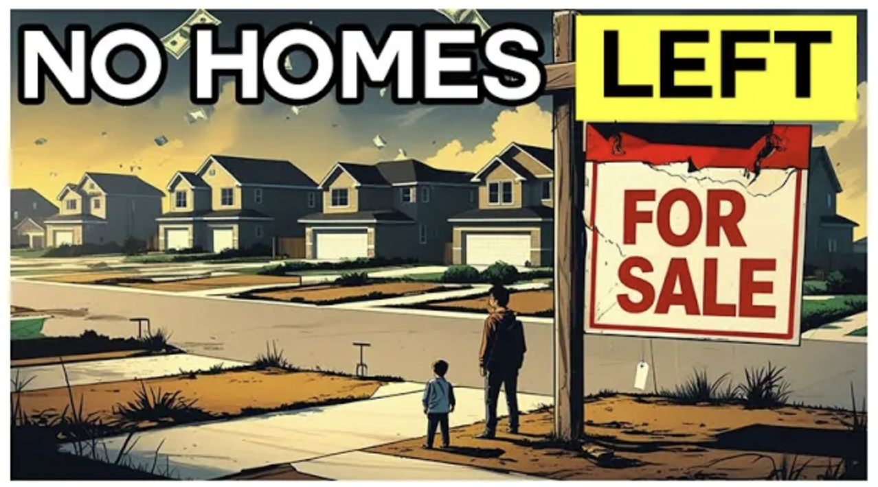 Illustration of a neighborhood with identical houses, a large “For Sale” sign, and two people staring at the homes, symbolizing the U.S. housing shortage and Wall Street’s takeover of the market.