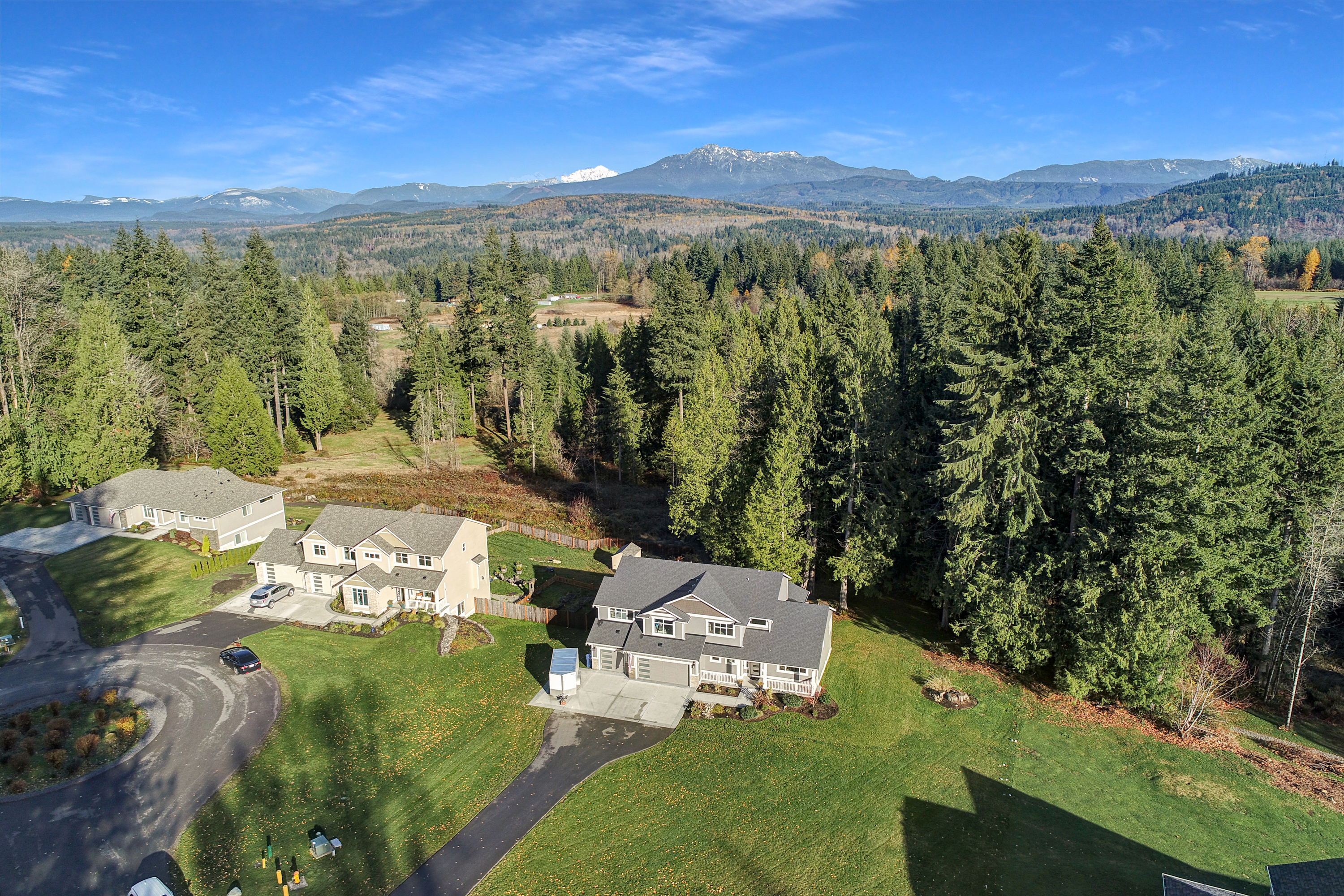 Aerial view of a cul-de-sac neighborhood surrounded by dense evergreen forest, featuring large, well-maintained homes with spacious yards and driveways. In the background, snow-capped mountains rise under a clear blue sky, showcasing the scenic beauty and privacy of the area.