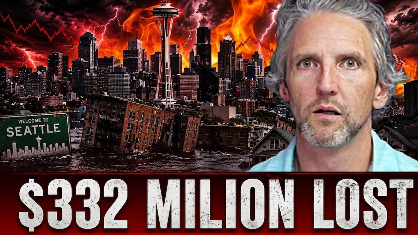 Blackstone's $332 million Seattle office tower loss illustrated with the Seattle skyline, flooding imagery, and a shocked host alongside text reading 