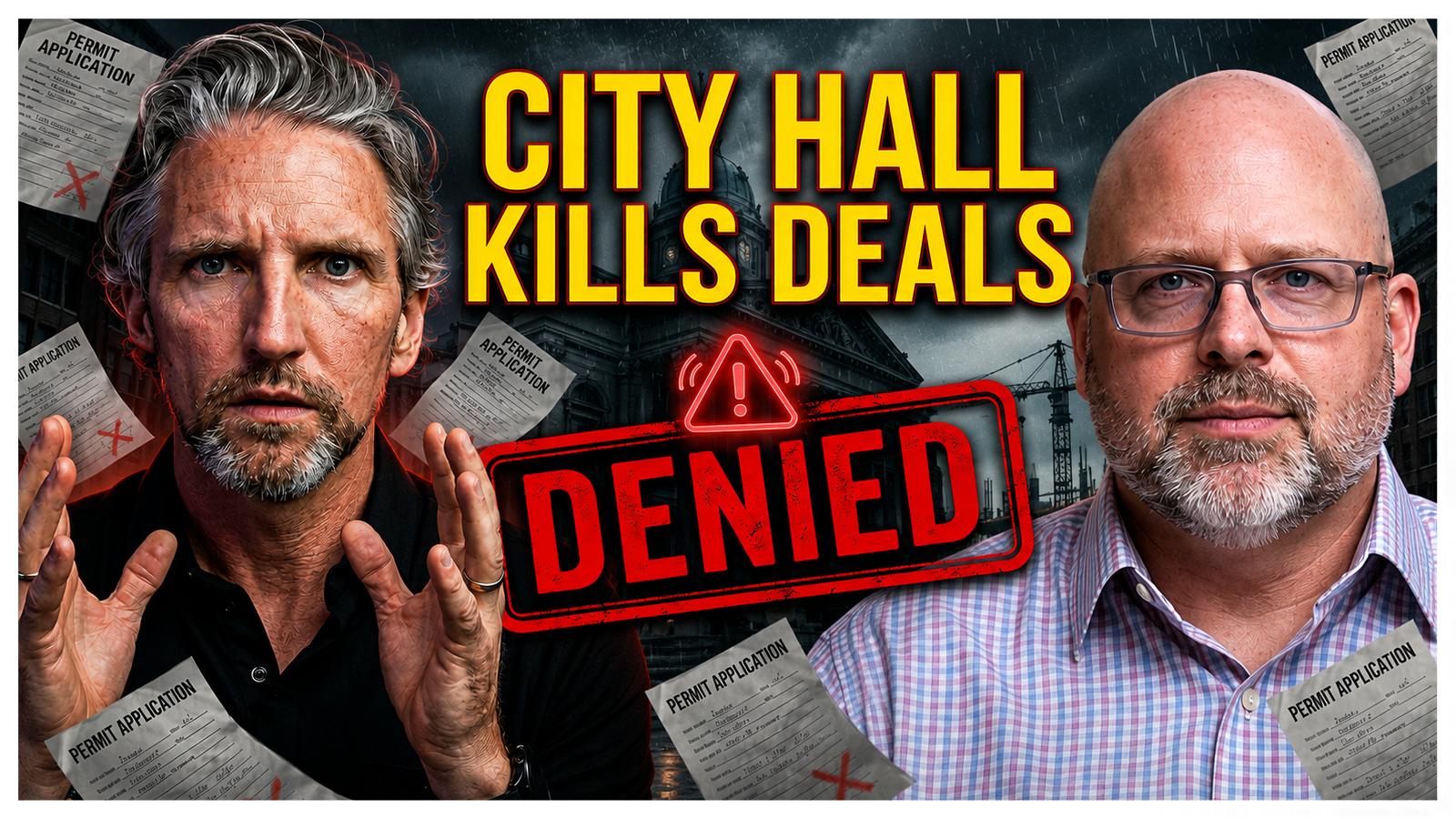 Anton Stetner and land use consultant David Toyer discuss Washington State zoning and permitting challenges, with “City Hall Kills Deals” and a large “Denied” stamp over permit applications in the background.