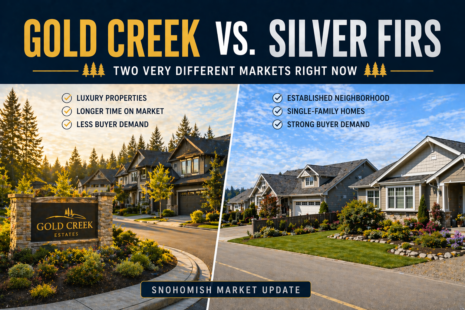 Gold Creek vs Silver Firs real estate comparison showing two residential neighborhoods in Snohomish with different market conditions