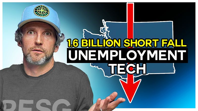 Thumbnail showing a surprised man wearing a blue hat and gray shirt, gesturing with his hands. Behind him is an outline of Washington State with a large red downward arrow and bold text reading “1.6 Billion Shortfall,” “Unemployment,” and “Tech,” suggesting economic decline and job losses in Washington State.