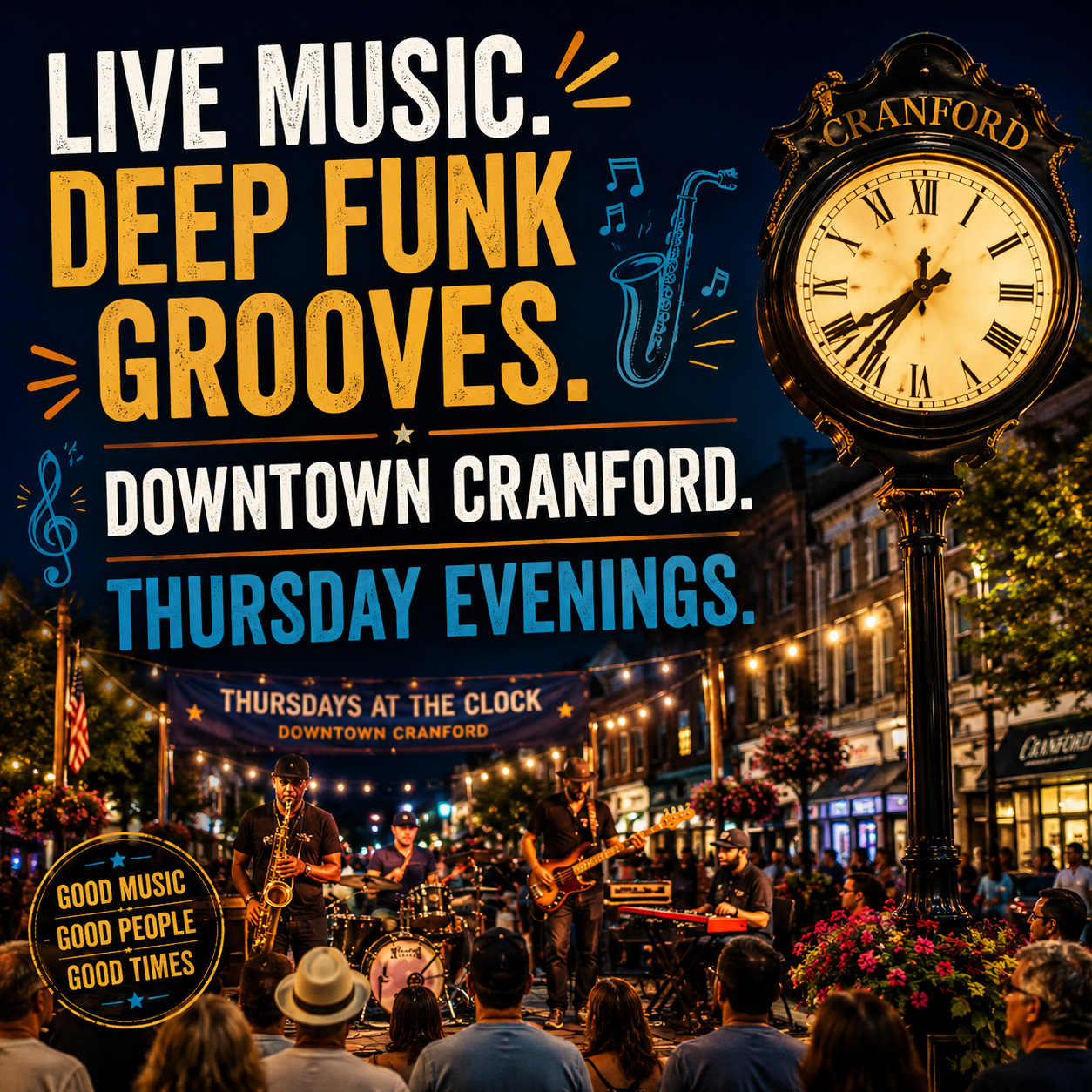 Live music crowd gathered at the Cranford clock in Downtown Cranford on a summer Thursday evening
