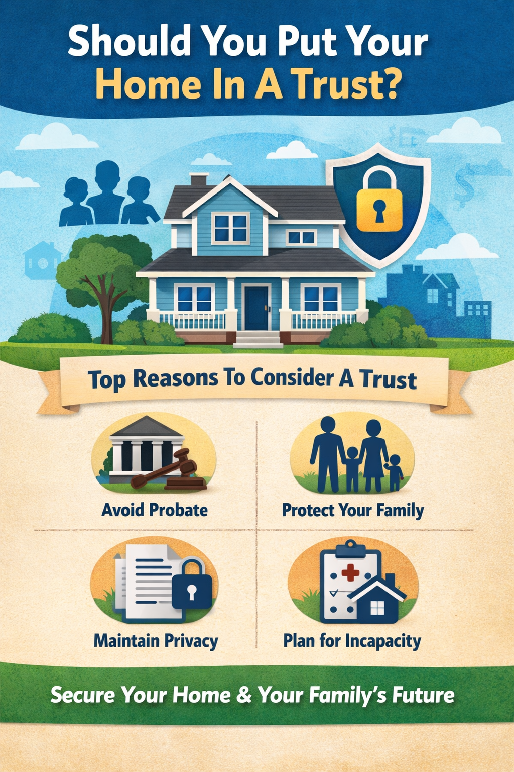 nfographic showing why homeowners should put their home in a trust, highlighting benefits like avoiding probate, protecting family, maintaining privacy, and planning for incapacity.