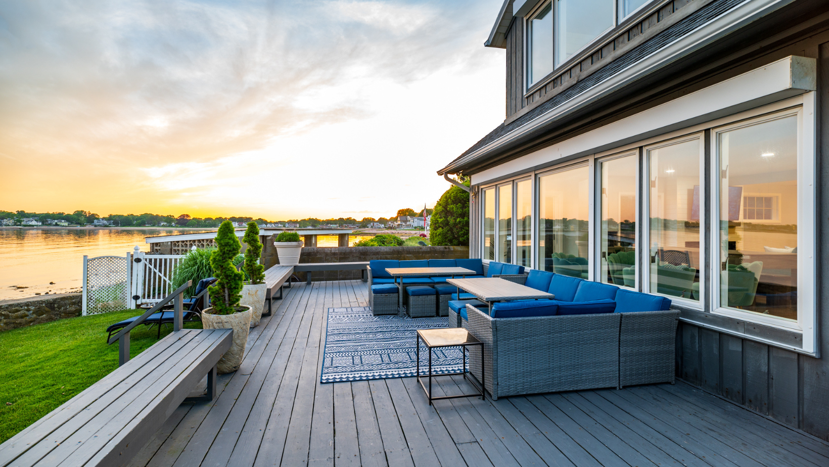 Luxury waterfront home in Connecticut at sunset