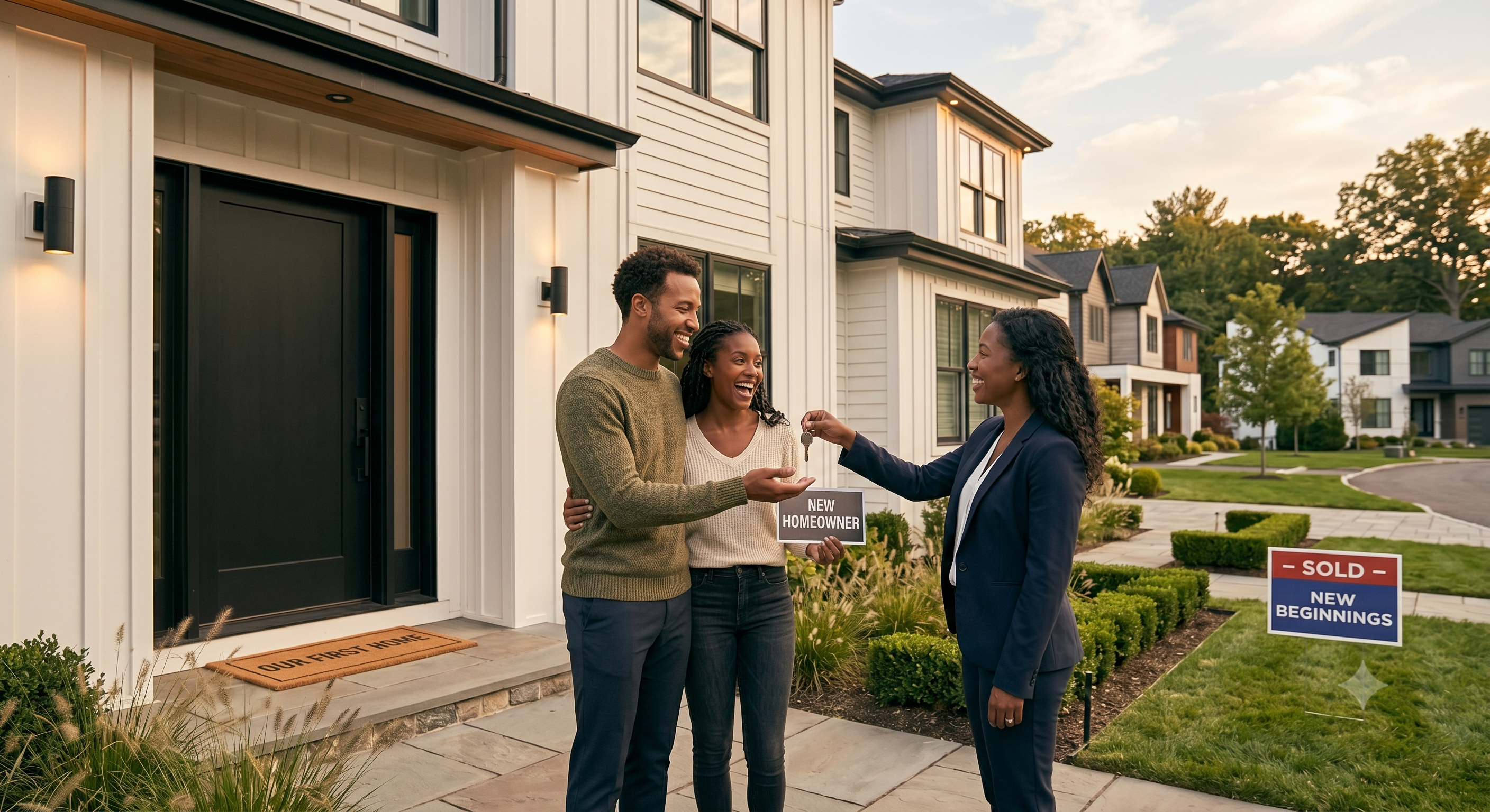 AI generated image showing a Black couple receiving house keys from a real estate agent in front of their new home, with a sold sign reading 