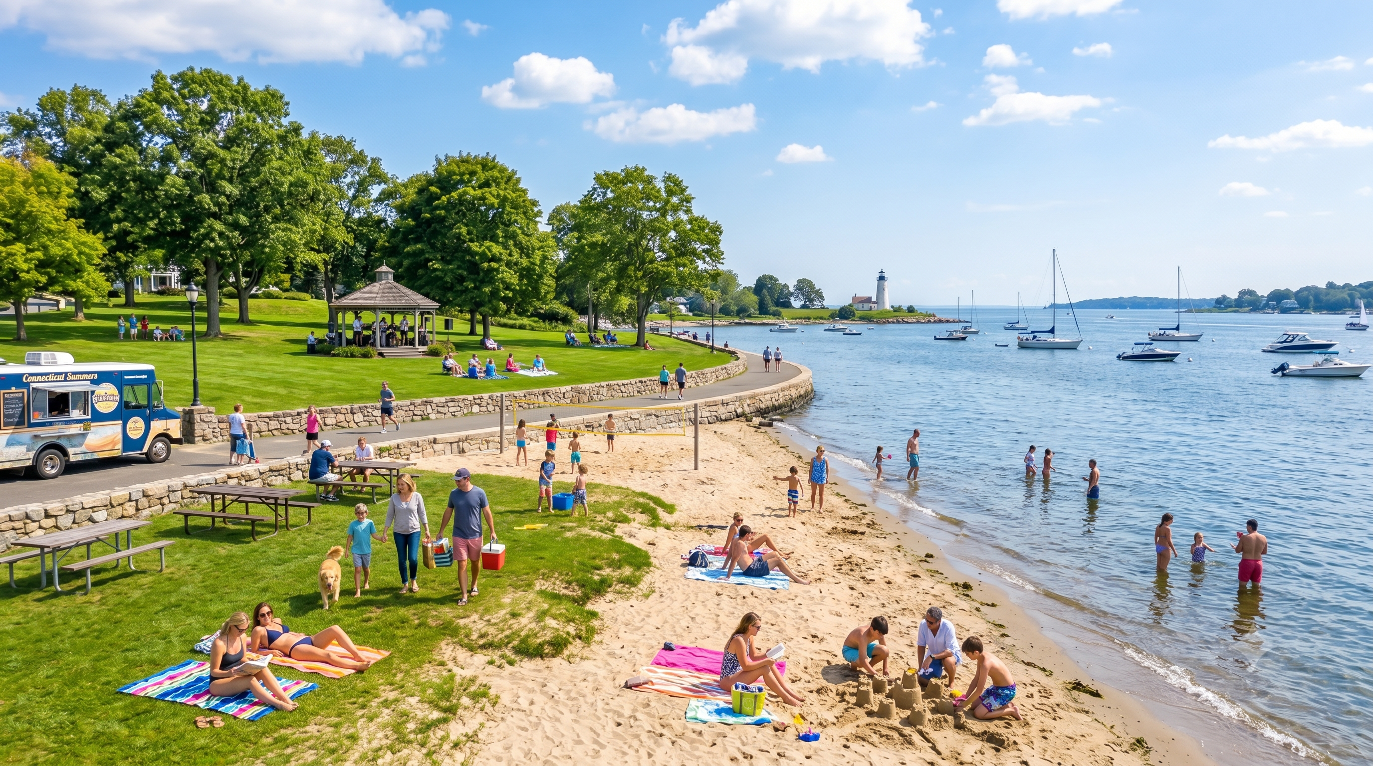 AI image to represent people in connecticut enjouing a beach/ waterfront