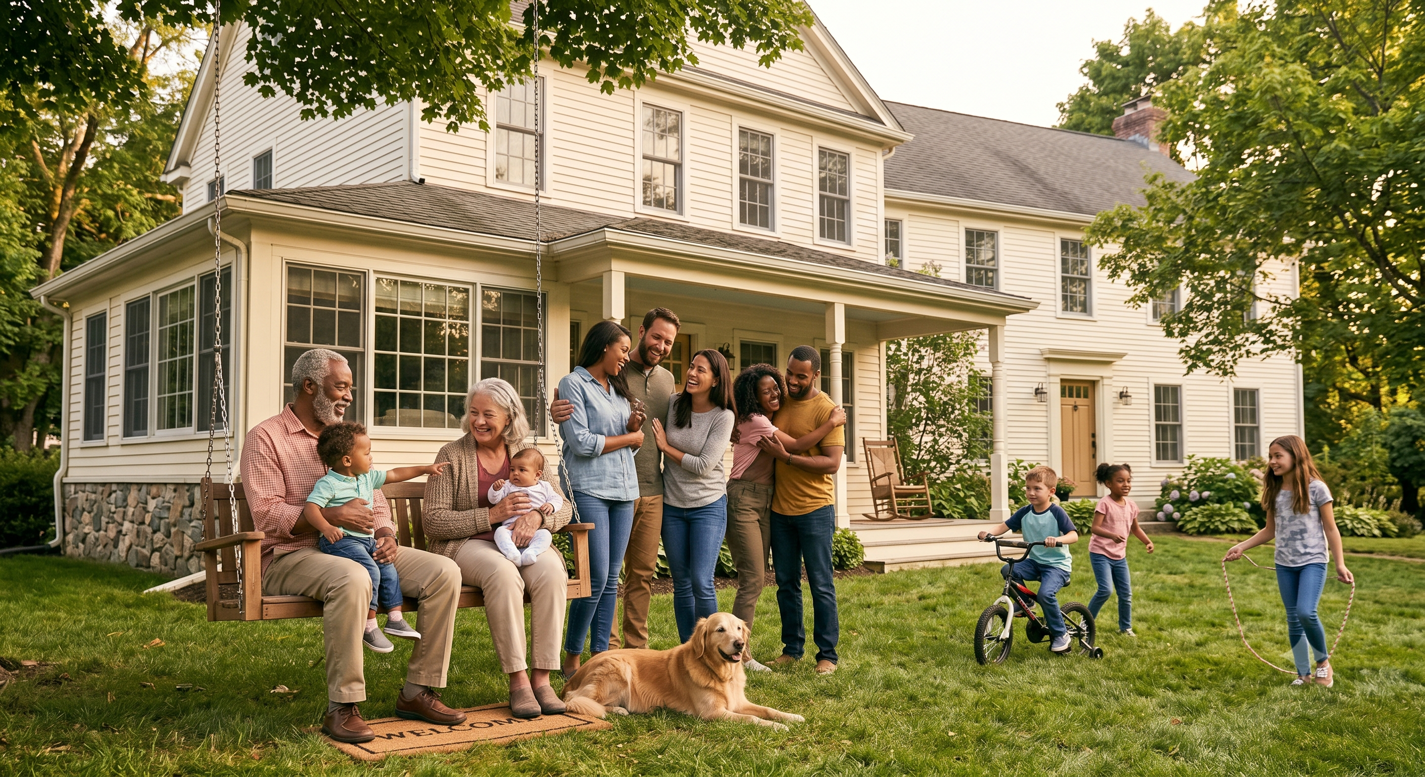 AI image showing a multigenerational family gathered outside a large white colonial home in a lush green yard, with grandparents, parents, young children, and a golden retriever enjoying a warm summer day together.