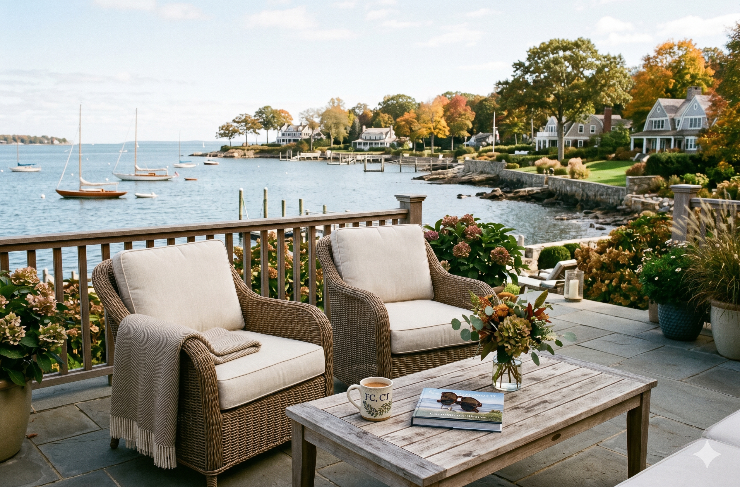 AI generated image showing a waterfront patio in Fairfield County, CT, with two wicker chairs, a coffee mug labeled FC CT, a Connecticut Shores book, and sailboats visible on Long Island Sound in the background with fall foliage and coastal homes lining the shore.
