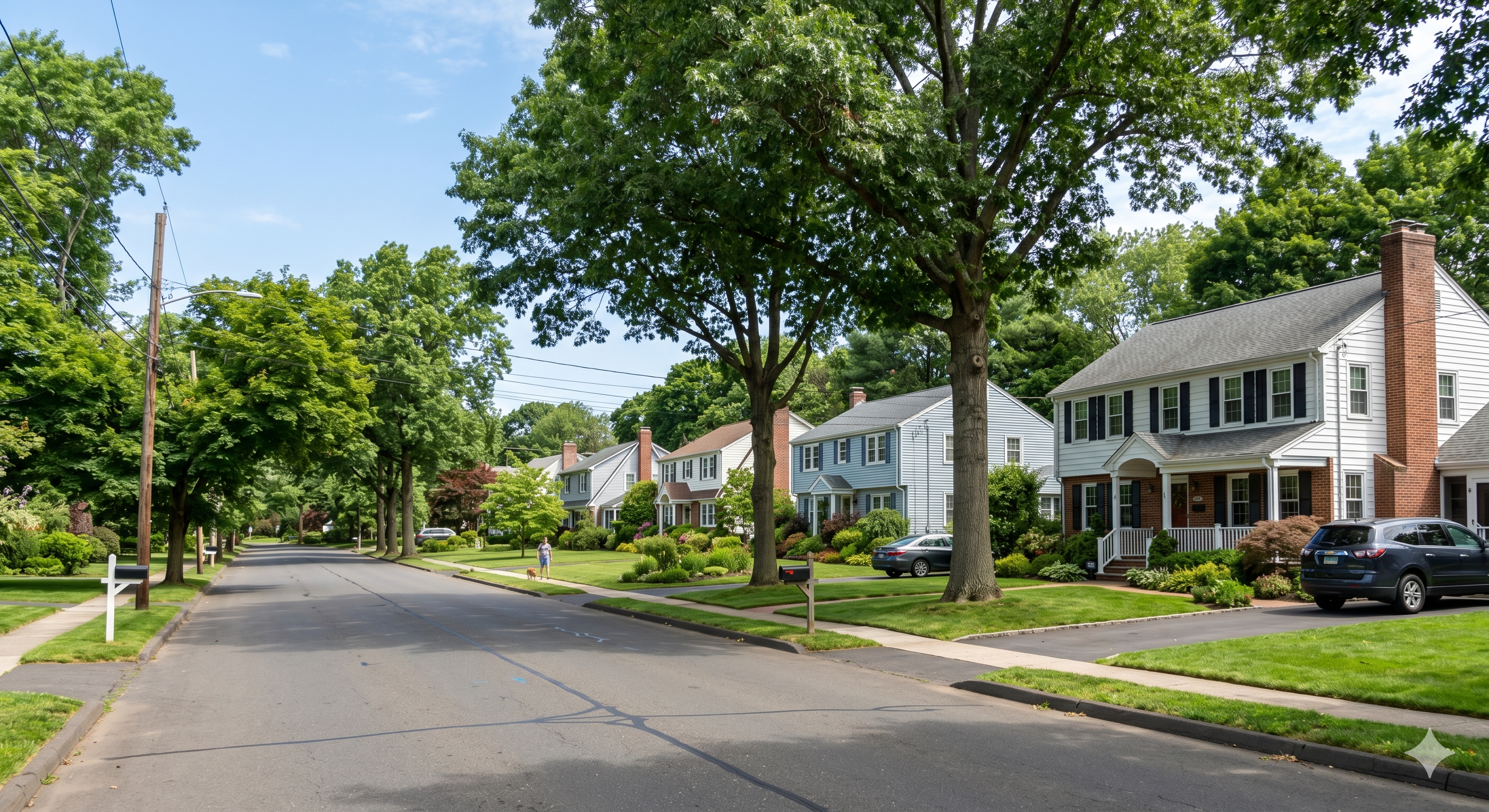 suburban neighborhood street view, lined with trees